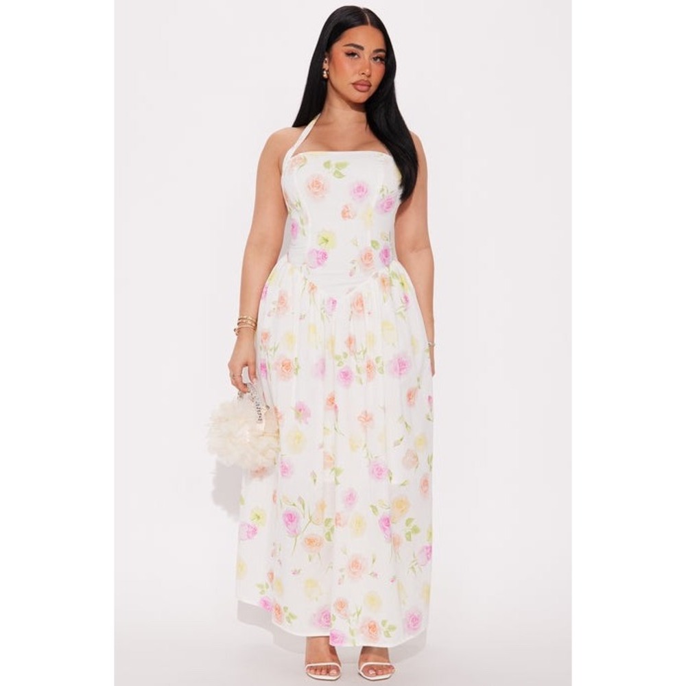 100% Cotton Adelia Floral‎ Halter Midi Dress White Pink Rose Basque Waist Medium
